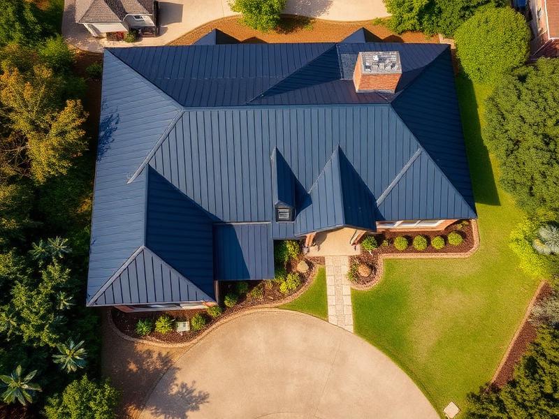 Aerial view of completed navy metal roof